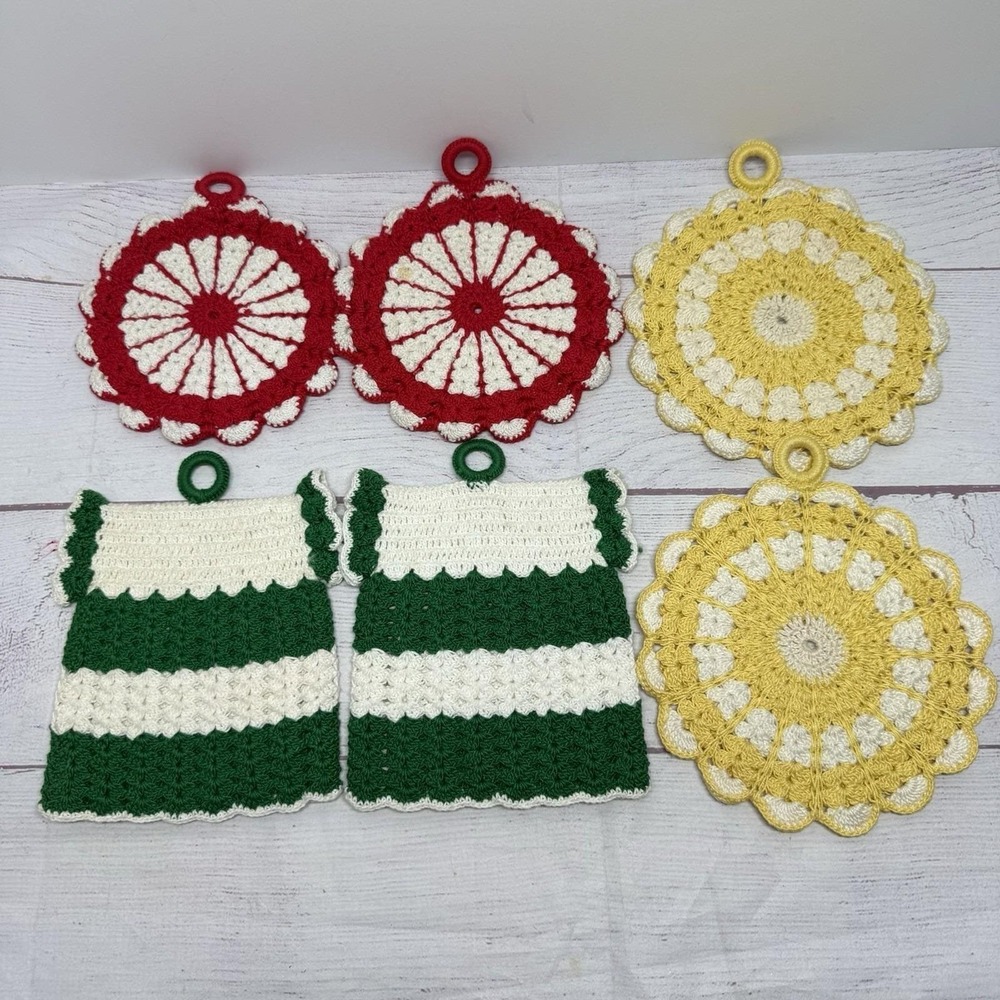 6 Vintage Crochet Pot Holders Hot Pads Trivets Red Yellow Green Handmade